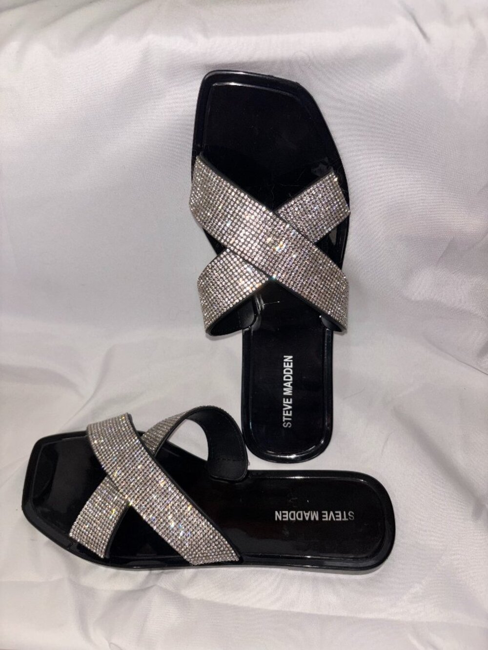 Steve Madden Rhinestone Crisscross Slide Sandals Black Size 8